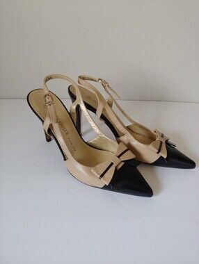 Peter Kaiser Leather Bow Slingback Sandal Heels Black Nude Size 9